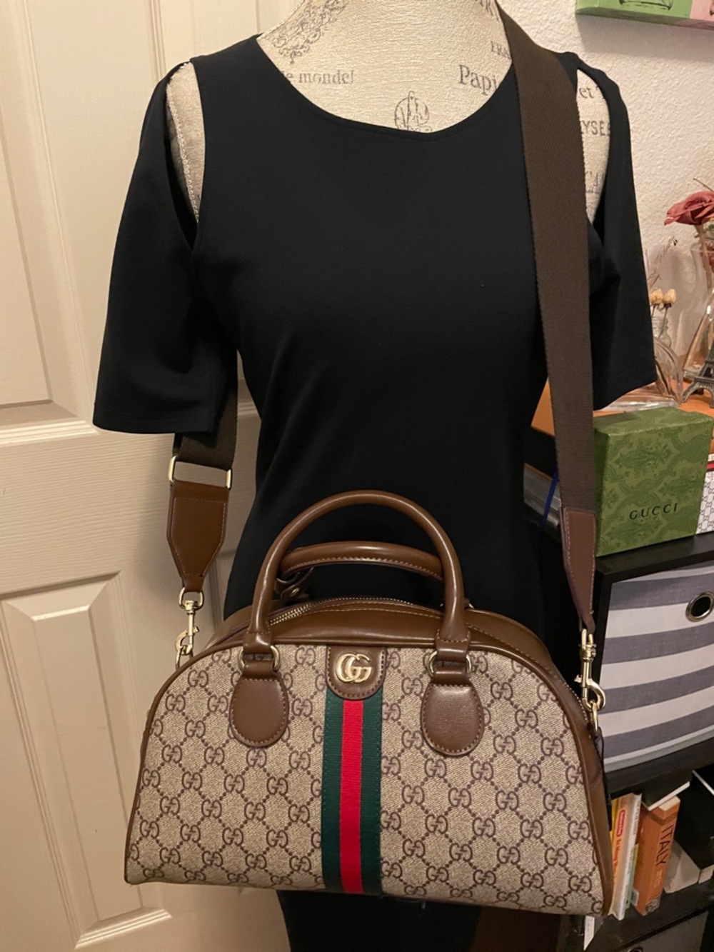Beautiful fashion Beige Brown Supreme Satchel with Green-Red Web Stripe. Firm *